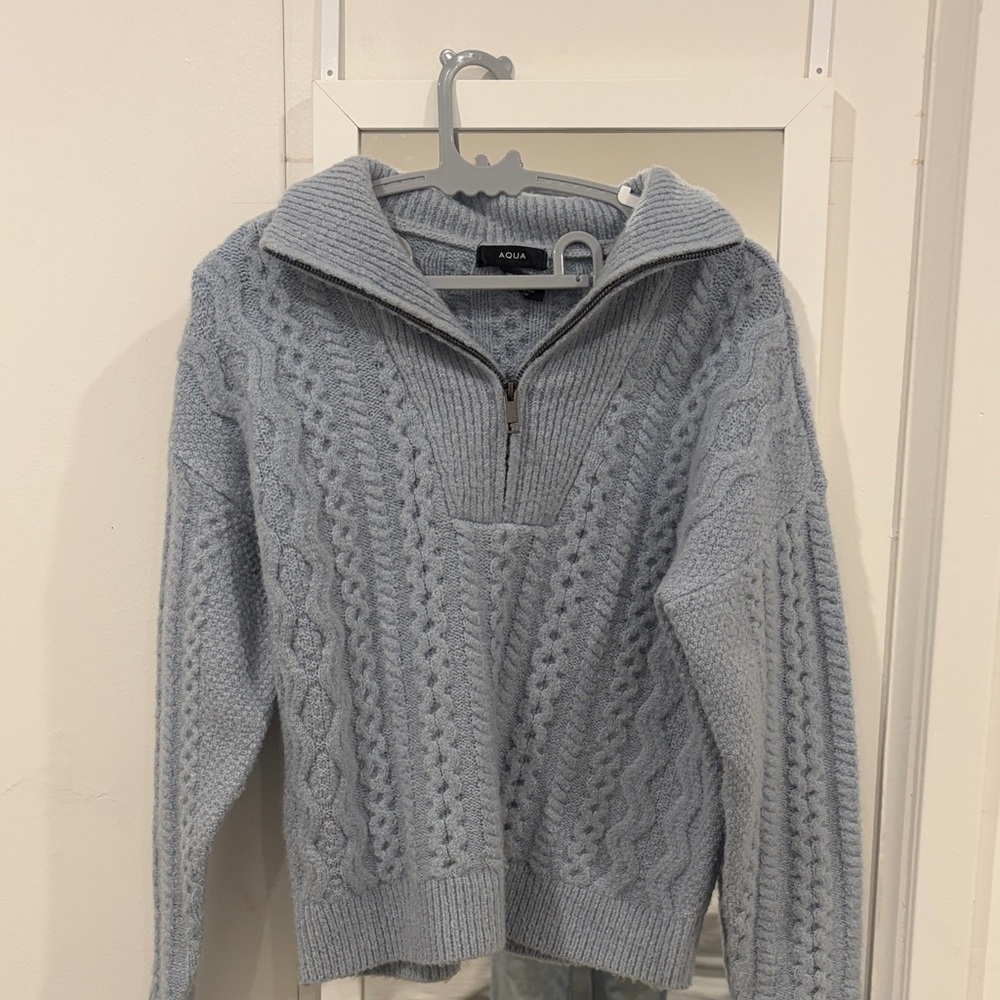 Aqua Light Gray and Blue  Zip-Up Cable Knit Sweater